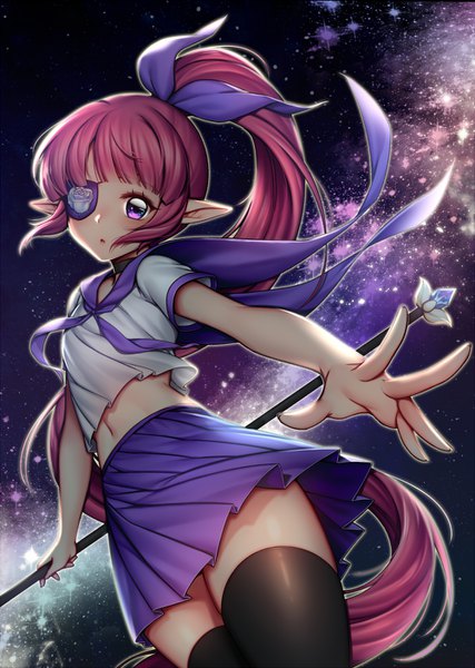 Anime-Bild 1000x1406 mit original rewolf (artist) single tall image looking at viewer fringe standing purple eyes pink hair ponytail blunt bangs very long hair pleated skirt wind pointy ears night from below zettai ryouiki night sky outstretched arm