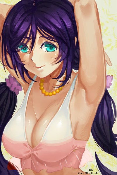 Anime picture 689x1033 with love live! school idol project sunrise (studio) love live! toujou nozomi shuizhanglang single long hair tall image looking at viewer breasts light erotic twintails green eyes purple hair arms up armpit (armpits) low twintails girl swimsuit bikini