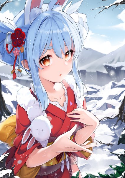 Anime picture 1240x1754 with virtual youtuber hololive usada pekora don-chan (usada pekora) usada pekora (2nd costume) snozaki single long hair tall image fringe hair between eyes animal ears blue hair upper body outdoors traditional clothes japanese clothes hair bun (hair buns) orange eyes bunny ears