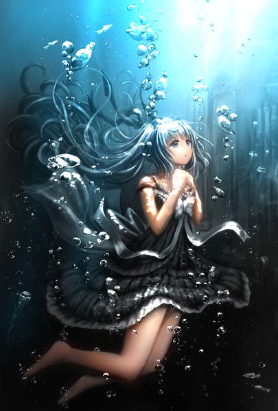 Anime picture 1338x1980 with vocaloid hatsune miku catbell single tall image bare shoulders very long hair barefoot aqua eyes aqua hair bare legs looking up underwater hands clasped girl dress bubble (bubbles)