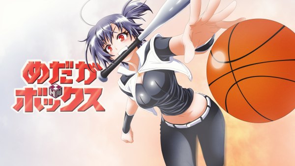 Anime picture 2560x1440 with medaka box gainax kurokami medaka blush highres short hair red eyes wide image blue hair basketball girl navel baseball bat