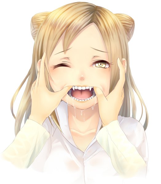 Anime picture 873x1000 with demi-chan wa kataritai a-1 pictures takanashi hikari koko (koko3) long hair tall image looking at viewer open mouth simple background blonde hair white background yellow eyes one eye closed teeth fang (fangs) solo focus saliva pov girl shirt