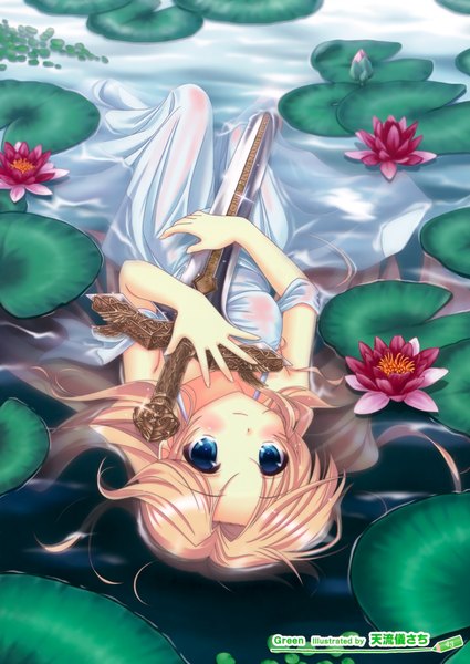 Anime picture 2478x3500 with original amarugi sachi single long hair tall image looking at viewer blush highres blonde hair girl weapon sword water sundress