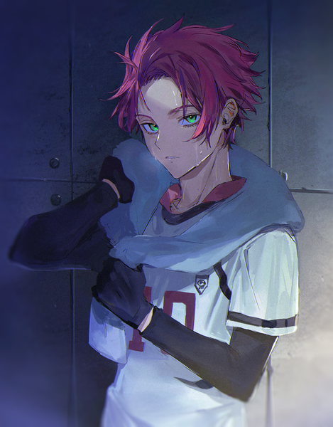 Anime picture 727x930 with blue lock itoshi sae mm39572 single tall image looking at viewer short hair green eyes pink hair upper body sweat against wall towel around neck boy gloves uniform black gloves gym uniform towel wall