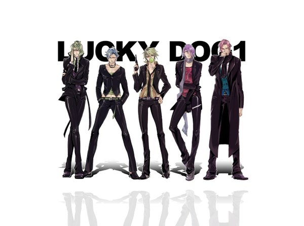 Anime picture 1290x960 with lucky dog giulio di bondone gian carlo bernardo ortolani ivan fiore luchino gregoretti tagme (artist) long hair short hair simple background blonde hair standing white background blue hair pink hair purple hair green hair multiple boys shadow hand on hip