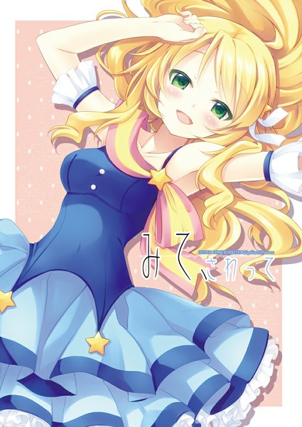 Anime picture 700x989 with idolmaster hoshii miki natsume eri long hair tall image blush open mouth blonde hair smile green eyes inscription armpit (armpits) hieroglyph forever star (idolmaster) girl dress ribbon (ribbons) hair ribbon frills star (symbol)