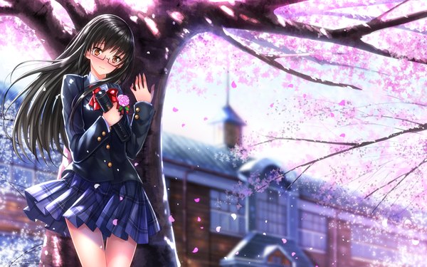 Anime picture 1680x1050 with original swordsouls single long hair looking at viewer blush black hair brown eyes cherry blossoms graduation girl skirt uniform flower (flowers) plant (plants) school uniform petals tree (trees) glasses school