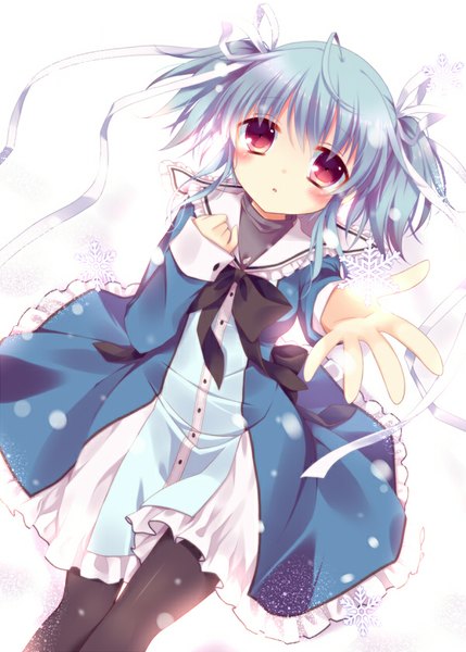 Anime picture 600x838 with mashiroiro symphony uryuu sakuno hoshi (snacherubi) single tall image looking at viewer blush short hair simple background white background purple eyes twintails blue hair long sleeves parted lips outstretched arm hand on chest short twintails snowing girl