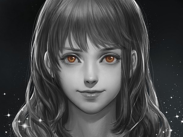 Anime picture 1000x750 with one piece toei animation nami (one piece) shitsu soku k single long hair looking at viewer fringe realistic sparkle orange eyes monochrome portrait wavy hair spot color girl