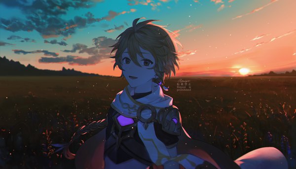 Anime picture 1500x857 with genshin impact aether (genshin impact) rowya single long hair fringe open mouth blonde hair hair between eyes wide image signed sky cloud (clouds) upper body outdoors braid (braids) :d single braid evening sunset