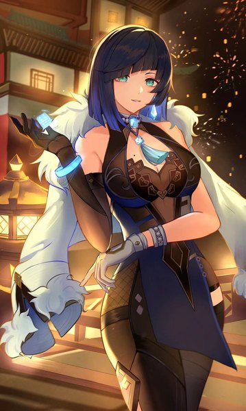 Anime picture 1080x1804 with genshin impact yelan (genshin impact) ufoliving single tall image looking at viewer fringe short hair black hair standing cleavage outdoors aqua eyes mole clothes on shoulders mole on breast architecture east asian architecture girl gloves