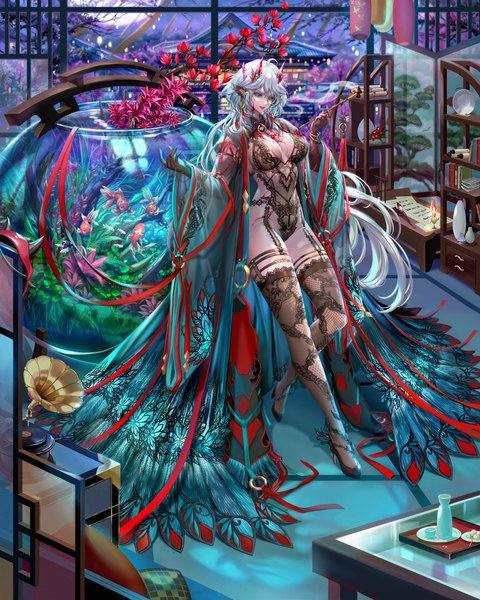 Anime picture 2000x2500 with original sammi hisame single long hair tall image looking at viewer fringe highres breasts blue eyes light erotic hair between eyes large breasts holding animal ears silver hair full body ahoge indoors traditional clothes