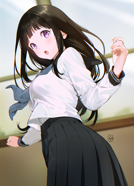Anime picture 1300x1806 with hyouka kyoto animation chitanda eru mery (yangmalgage) single long hair tall image looking at viewer blush fringe open mouth black hair standing purple eyes signed payot indoors blunt bangs long sleeves pleated skirt