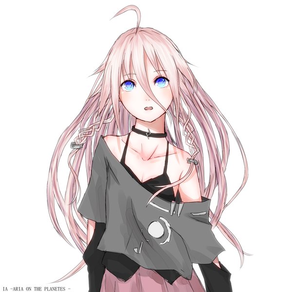 Anime picture 1560x1561 with vocaloid ia (vocaloid) fmaaaaaaaa single long hair tall image looking at viewer fringe open mouth simple background white background bare shoulders pink hair cleavage braid (braids) off shoulder twin braids girl