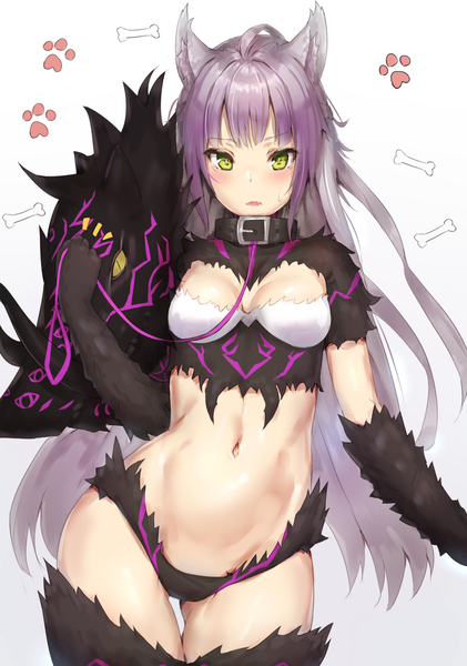 Anime picture 843x1200 with fate (series) fate/grand order atalanta (fate) atalanta (alter) (fate) reinama single long hair tall image looking at viewer blush fringe breasts open mouth light erotic simple background standing holding green eyes animal ears payot