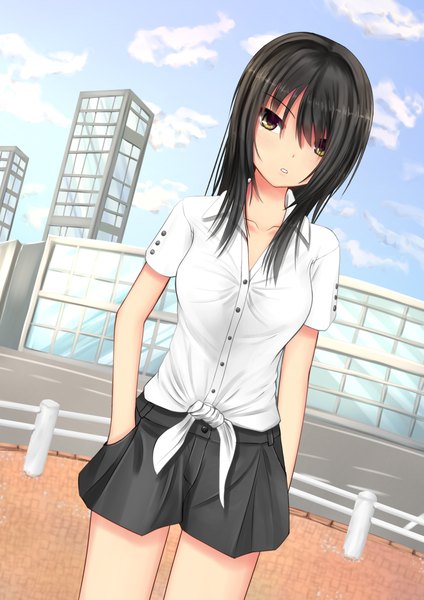 Anime picture 1620x2292 with original kurokami (kurokaminohito) single long hair tall image looking at viewer black hair brown eyes hand in pocket girl skirt shirt