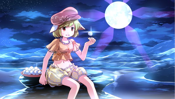 Anime picture 2205x1254 with touhou ringo (touhou) risutaru single looking at viewer blush fringe highres short hair open mouth red eyes wide image sitting cloud (clouds) bent knee (knees) outdoors green hair night midriff night sky