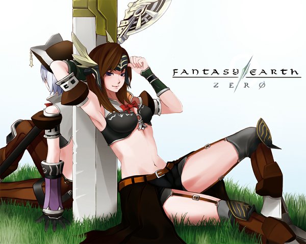 Anime picture 1067x853 with fantasy earth zero looking at viewer short hair blue eyes light erotic smile brown hair white background sitting multiple girls white hair armpit (armpits) midriff arms behind head girl gloves 2 girls plant (plants) hat sword