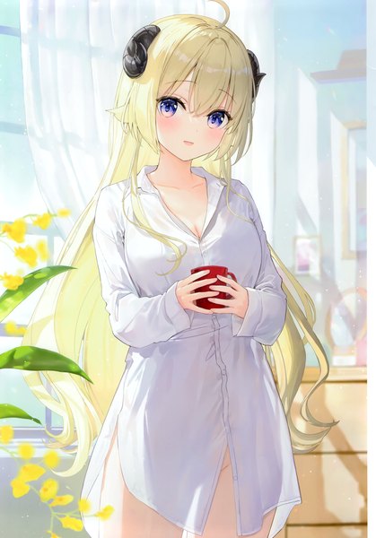 Anime picture 2419x3467 with virtual youtuber hololive tsunomaki watame fuumi (radial engine) single long hair tall image looking at viewer blush fringe highres breasts open mouth light erotic blonde hair smile hair between eyes standing purple eyes holding