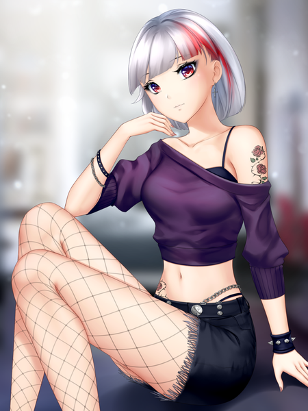 Anime picture 960x1280 with original gigamessy single tall image looking at viewer blush fringe short hair breasts red eyes sitting silver hair red hair blunt bangs multicolored hair fingernails off shoulder two-tone hair midriff tattoo