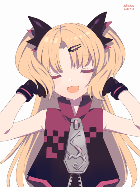 Anime picture 750x1000 with virtual youtuber uni channel akatsuki uni fucodoku single long hair tall image open mouth simple background blonde hair white background signed upper body eyes closed fang (fangs) two side up sleeveless twitter username dated girl