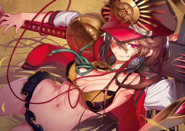 Anime picture 1600x1131 with fate (series) fate/grand order koha-ace oda nobunaga (fate) (all) oda nobunaga (swimsuit berserker) (fate) nilitsu single looking at viewer fringe breasts light erotic smile hair between eyes red eyes brown hair standing holding yellow eyes very long hair wind