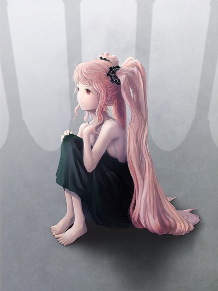 Anime picture 1200x1600 with one piece toei animation perona satyuas single long hair tall image fringe red eyes sitting twintails looking away pink hair barefoot grey background girl dress black dress scrunchie toes
