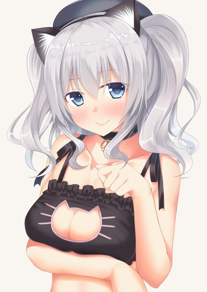 Anime picture 2508x3541 with kantai collection kashima training cruiser go-1 single long hair tall image looking at viewer blush highres breasts blue eyes light erotic simple background smile hair between eyes large breasts twintails animal ears silver hair from above