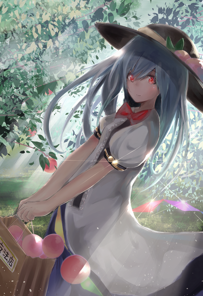 Anime picture 1000x1451 with touhou hinanawi tenshi emushake single long hair tall image looking at viewer blush fringe smile red eyes standing holding blue hair sunlight shadow shiny girl bow hat