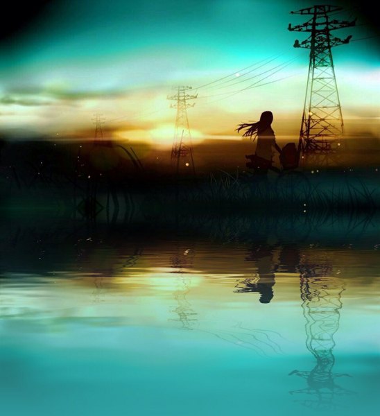 Anime picture 960x1050 with original kanaderu single long hair tall image looking away sky cloud (clouds) wind evening reflection sunset horizon landscape scenic twilight girl ground vehicle power lines bicycle