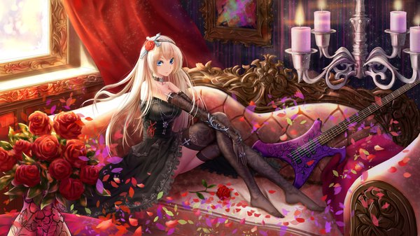 Anime picture 1920x1080 with original yuzuriha (artist) single long hair looking at viewer fringe highres blue eyes blonde hair smile hair between eyes wide image sitting bare shoulders full body indoors hair flower wind no shoes lolita fashion