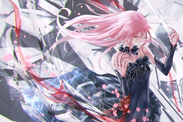 Anime picture 1500x1000 with guilty crown production i.g yuzuriha inori tanikku single long hair fringe hair between eyes bare shoulders pink hair upper body eyes closed arms up floating hair anaglyph girl dress ribbon (ribbons) detached sleeves choker
