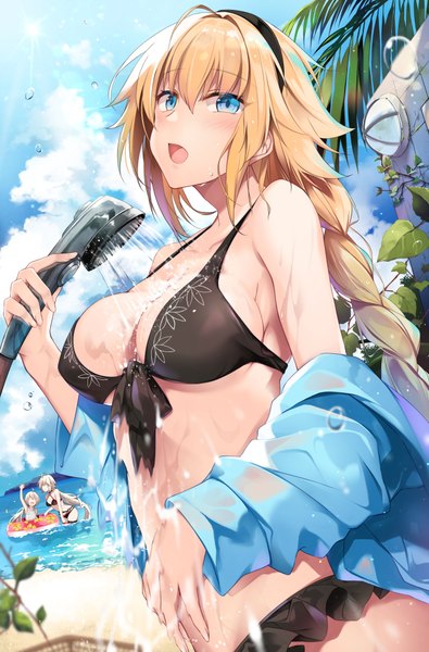 Anime picture 658x1000 with fate (series) fate/grand order jeanne d'arc (fate) (all) jeanne d'arc alter (fate) jeanne d'arc alter (swimsuit berserker) (fate) jeanne d'arc (swimsuit archer) jeanne d'arc alter santa lily (fate) hirai yuzuki long hair tall image looking at viewer blush fringe breasts blue eyes light erotic blonde hair hair between eyes large breasts standing