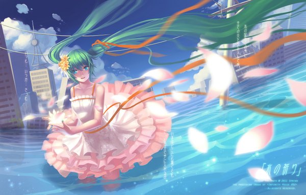 Anime picture 1400x893 with vocaloid hatsune miku catwyz single blue eyes twintails very long hair hair flower green hair wind ruins post-apocalyptic girl dress hair ornament ribbon (ribbons) petals water building (buildings)