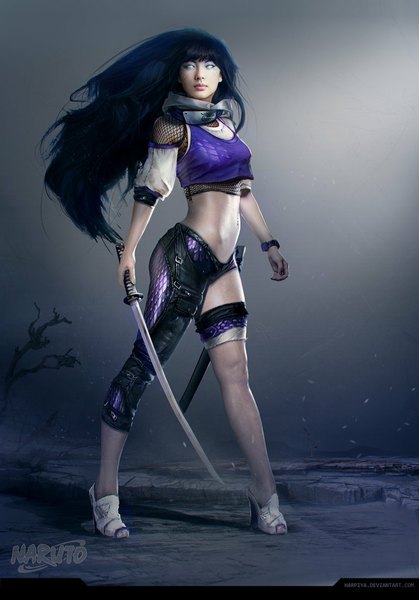 Anime picture 800x1144 with naruto studio pierrot naruto (series) hyuuga hinata harpiya single long hair tall image fringe breasts purple eyes holding blue hair midriff alternate costume arched back girl navel weapon petals