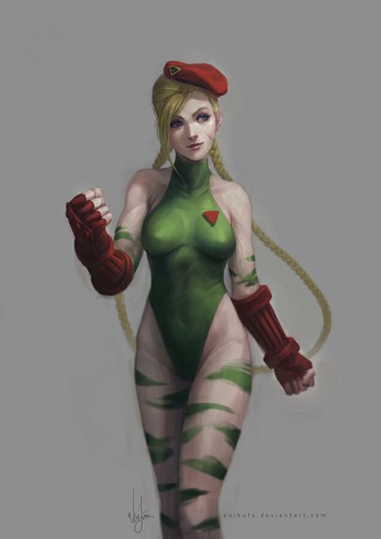 Anime picture 636x900 with street fighter capcom cammy white poibuts single long hair tall image breasts blue eyes light erotic simple background looking away very long hair green hair grey background girl gloves beret