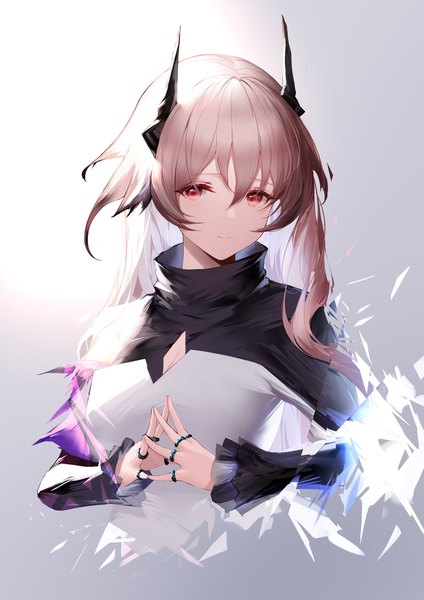 Anime-Bild 2000x2828 mit arknights theresa (arknights) an yasuri single long hair tall image looking at viewer fringe highres simple background smile hair between eyes red eyes brown hair upper body horn (horns) grey background portrait revision fingers together