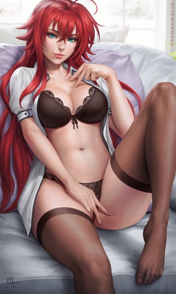 Anime picture 1803x3000 with highschool dxd rias gremory sciamano240 single long hair tall image looking at viewer fringe highres breasts blue eyes light erotic hair between eyes large breasts sitting signed payot cleavage ahoge bent knee (knees)