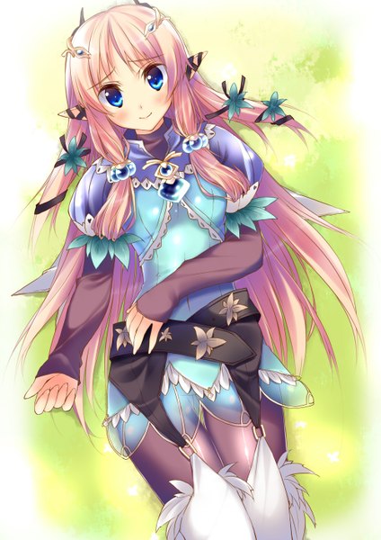 Anime picture 1000x1414 with rune factory margaret (rune factory) kuwashima rein single long hair tall image blush blue eyes blonde hair smile lying hair flower pointy ears girl hair ornament ribbon (ribbons) hair ribbon