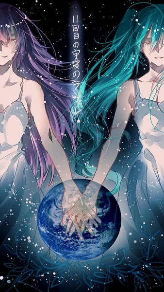 Anime picture 600x1062 with vocaloid hatsune miku megurine luka tayuya1130 long hair tall image fringe simple background smile multiple girls pink hair aqua hair alternate costume tears black background happy crying girl 2 girls planet