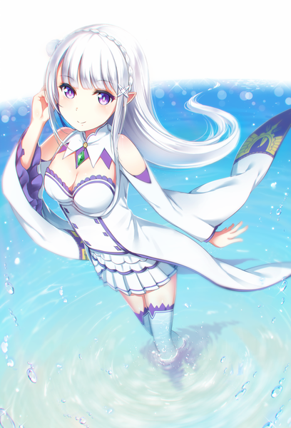 Anime picture 816x1200 with re:zero kara hajimeru isekai seikatsu white fox emilia (re:zero) fanqie jidan single long hair tall image blush fringe smile purple eyes white hair pointy ears elf girl thighhighs dress detached sleeves bubble (bubbles)