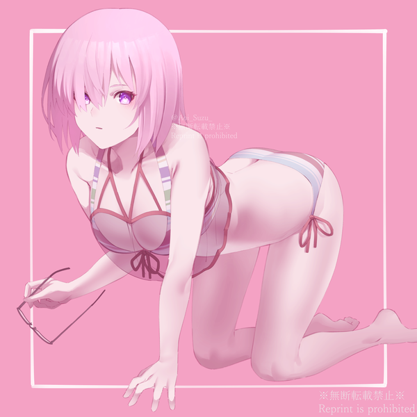 Anime picture 1403x1403 with fate (series) fate/grand order mash kyrielight mash kyrielight (swimsuit of perpetual summer ver.02) aoi suzu single looking at viewer fringe short hair breasts light erotic simple background purple eyes pink hair full body hair over one eye official alternate costume watermark pink background on all fours