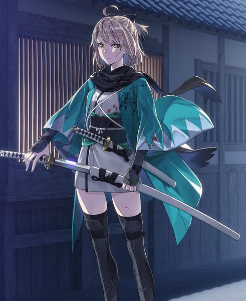 Anime picture 800x978 with fate (series) fate/grand order koha-ace okita souji (fate) (all) okita souji (koha-ace) yahako single tall image looking at viewer fringe short hair breasts blonde hair hair between eyes standing holding yellow eyes ahoge outdoors traditional clothes