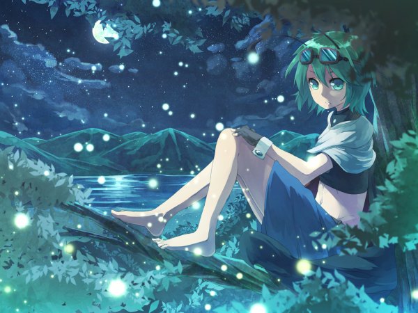 Anime picture 1200x900 with touhou wriggle nightbug ibuki notsu single looking at viewer short hair sitting green eyes barefoot green hair night alternate costume mountain girl plant (plants) tree (trees) wrist cuffs full moon forest goggles