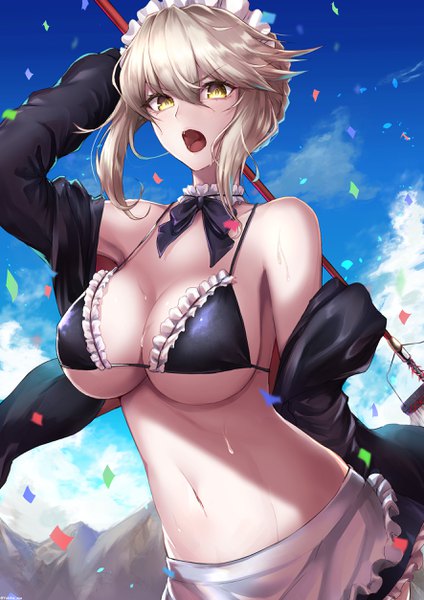 Anime picture 1771x2508 with fate (series) fate/grand order artoria pendragon (all) artoria pendragon (alter swimsuit rider) (fate) yukihama single tall image looking at viewer blush fringe highres short hair breasts open mouth light erotic blonde hair hair between eyes large breasts bare shoulders holding