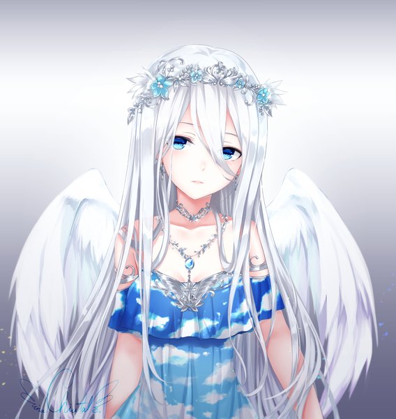 Anime picture 2048x2163 with original chiutake mina single long hair tall image looking at viewer blush fringe highres breasts blue eyes simple background hair between eyes bare shoulders signed upper body white hair parted lips head tilt off shoulder