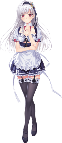 Anime-Bild 621x1426 mit uchi no kanojo yuri (uchi no kanojo) yamakaze ran single long hair tall image looking at viewer blush fringe breasts red eyes cleavage silver hair full body nail polish short sleeves maid puffy sleeves transparent background crossed legs (standing)