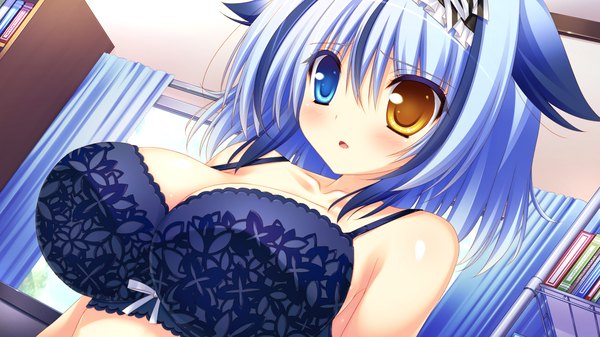 Anime picture 1280x720 with amatarasu riddle star ai (amatarasu riddle star) blush short hair breasts open mouth light erotic wide image large breasts blue hair game cg heterochromia girl lingerie bra blue bra