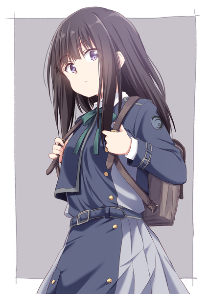 Anime picture 1254x1771 with lycoris recoil inoue takina akane souichi single long hair tall image looking at viewer black hair simple background purple eyes grey background border outside border girl uniform
