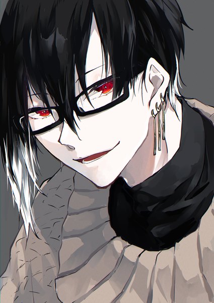 Anime picture 1505x2125 with original yagi (shiro yagi) single tall image fringe short hair black hair simple background hair between eyes red eyes upper body multicolored hair grey background two-tone hair piercing ear piercing boy earrings glasses sweater